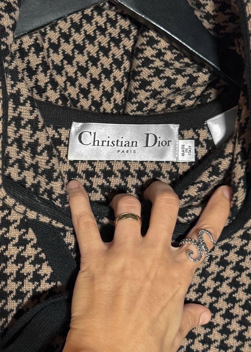 Collar area of Dior Houndstooth Logo Hooded Poncho Sweater