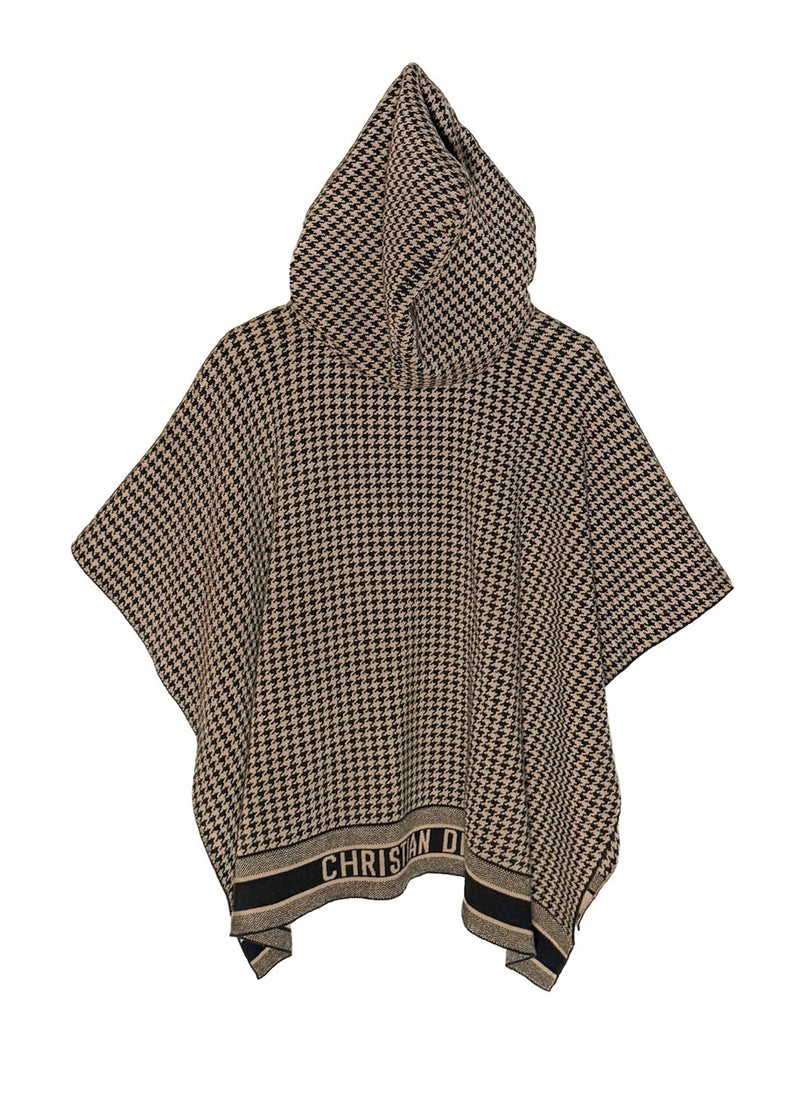 Back view of Dior Houndstooth Logo Hooded Poncho Sweater