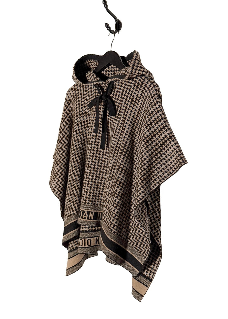 Side front view of Dior Houndstooth Logo Hooded Poncho Sweater