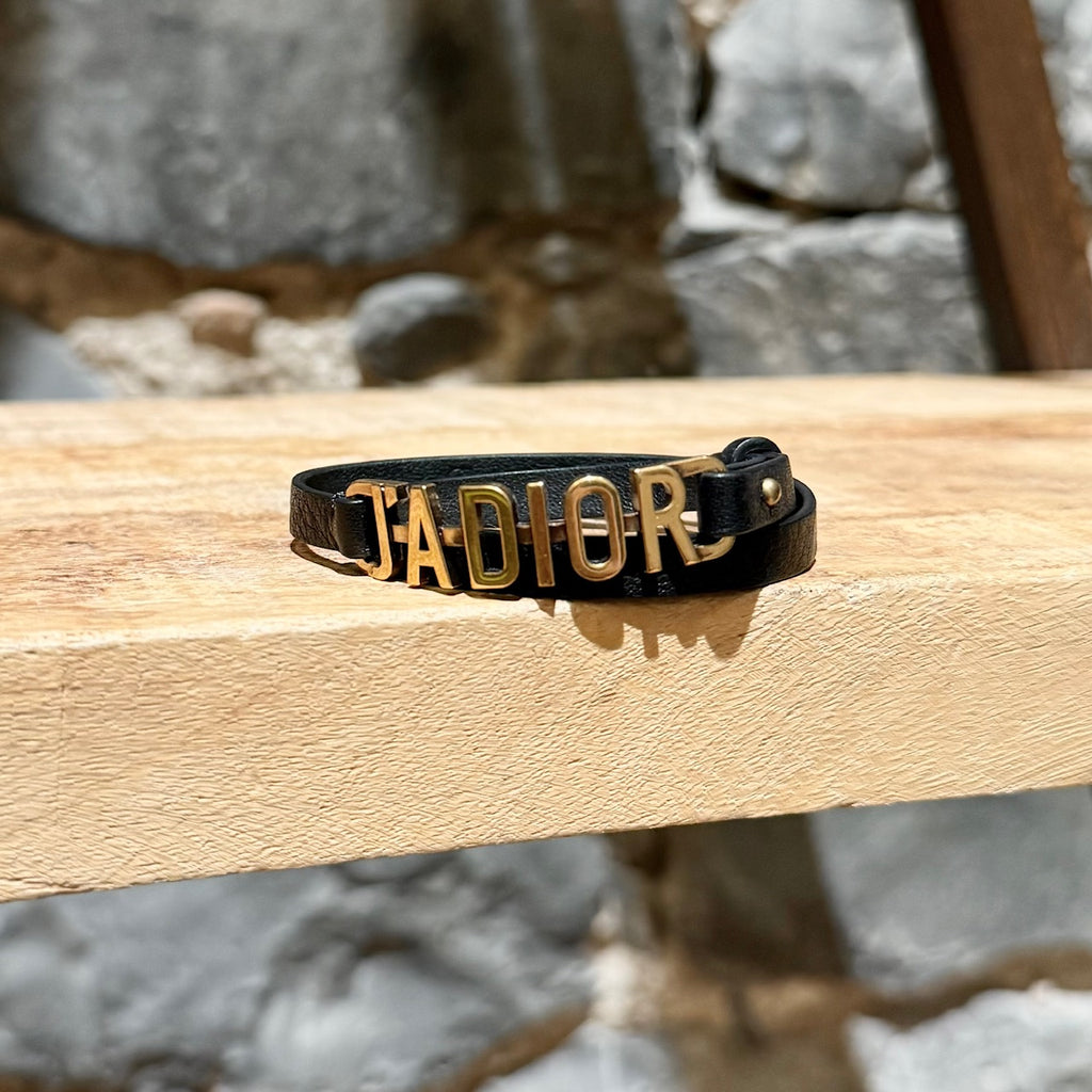 Front view of Dior J'adior Black Leather Double Wrap Bracelet