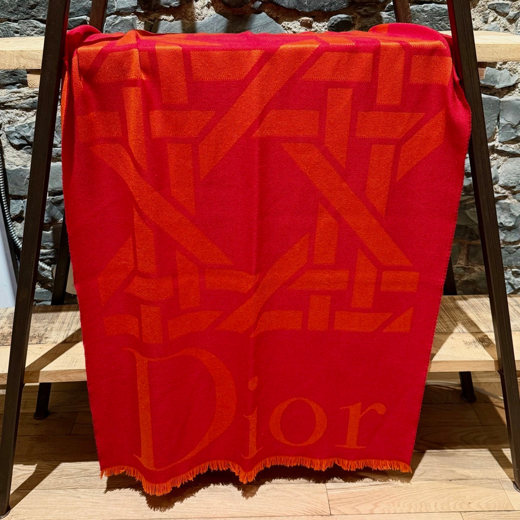 Dior Red Orange Cannage Logo Rectangular Shawl Scarf