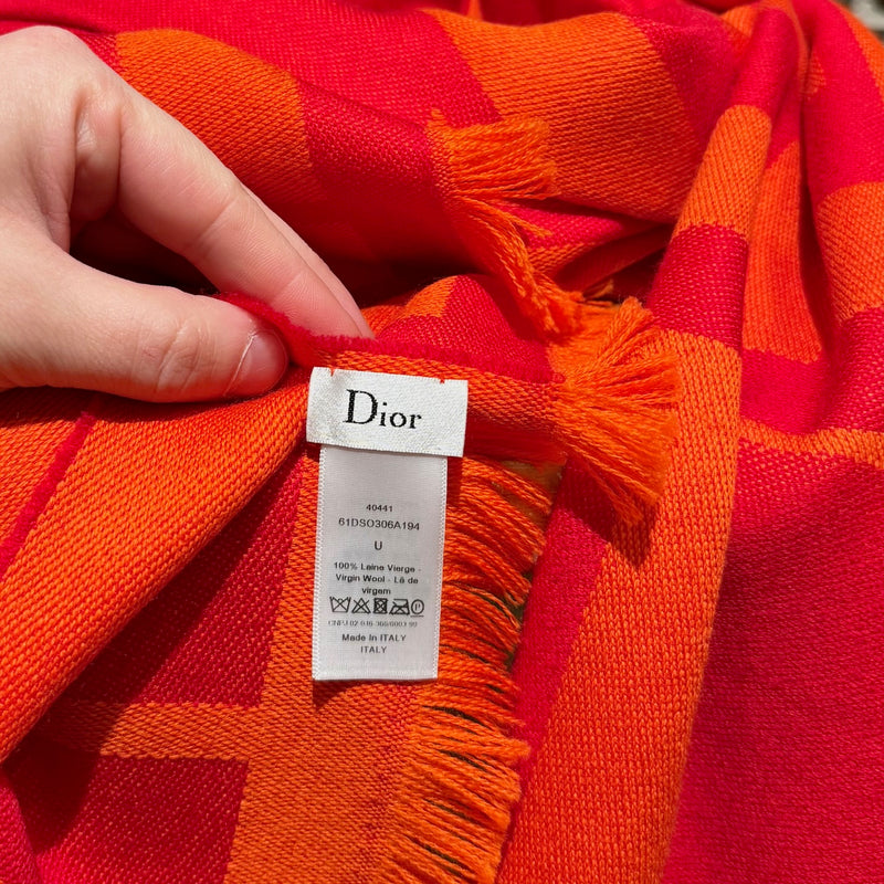 Brand and size labels of Dior Red Orange Cannage Logo Rectangular Shawl Scarf