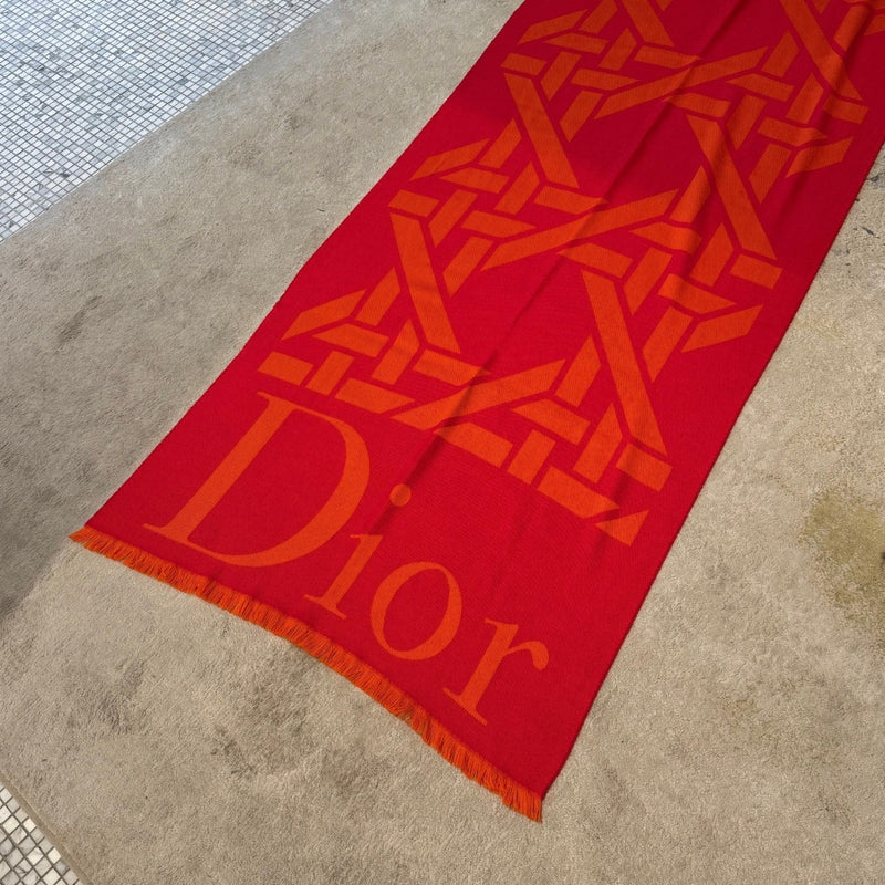 Dior Red Orange Cannage Logo Rectangular Shawl Scarf