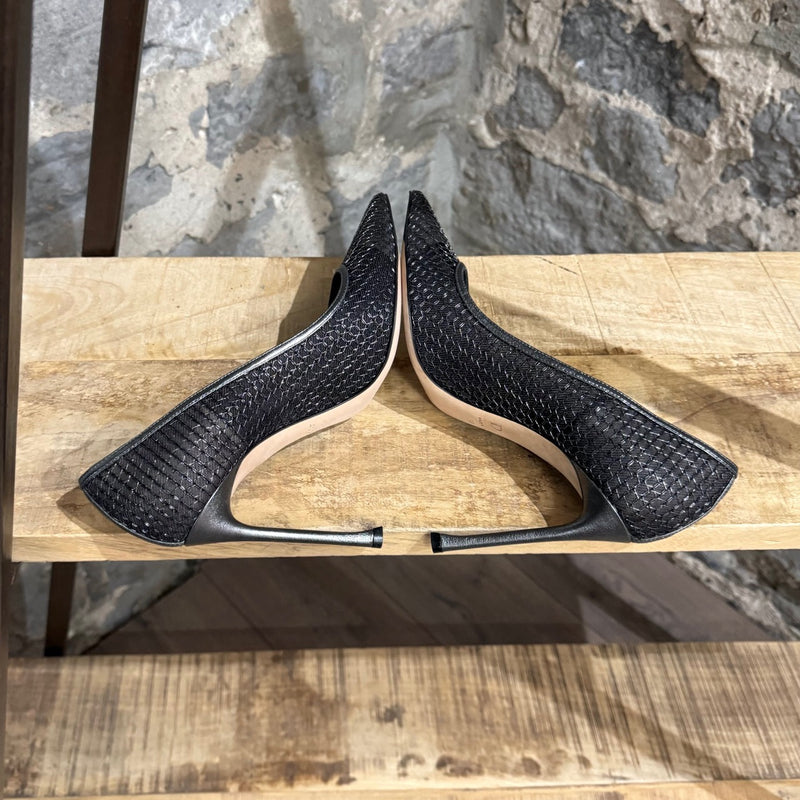 Side-by-side view of Dior Silver Black Metallic Mesh Pointy Pumps