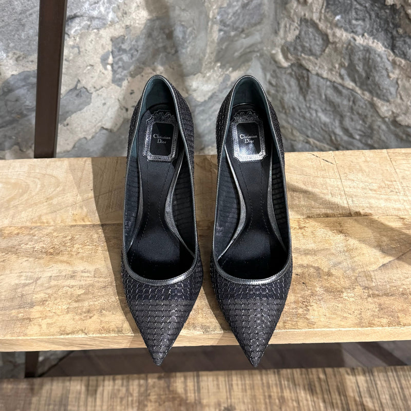 Top view of Dior Silver Black Metallic Mesh Pointy Pumps