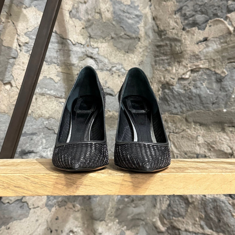 Front view of Dior Silver Black Metallic Mesh Pointy Pumps