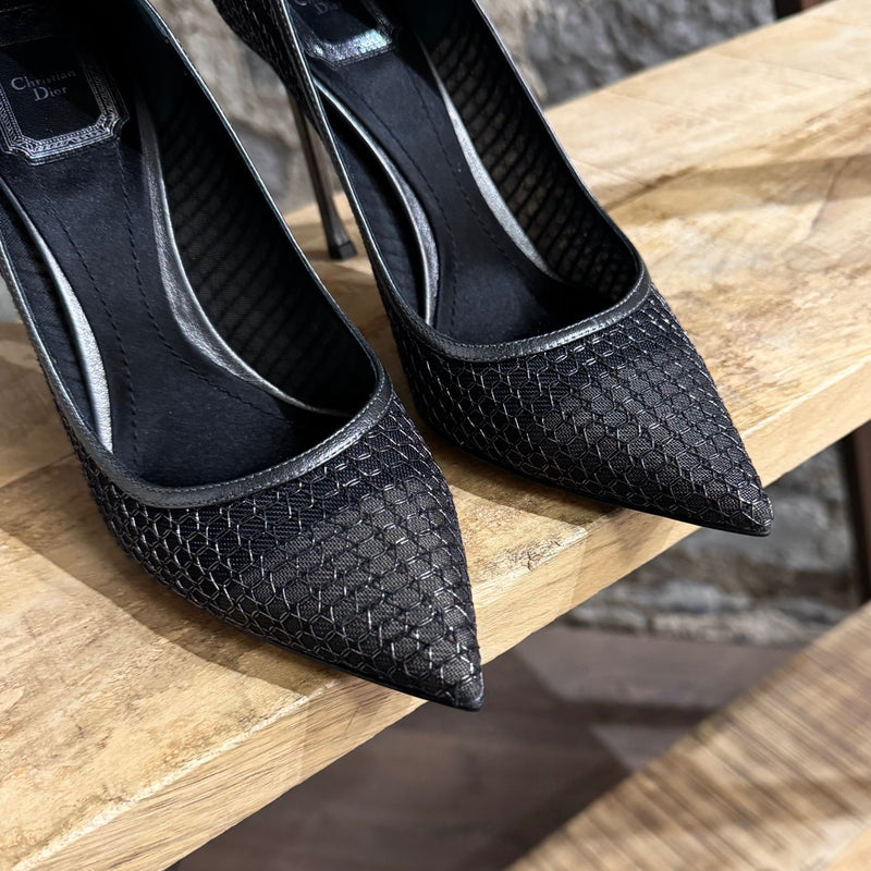 Toe box of Dior Silver Black Metallic Mesh Pointy Pumps