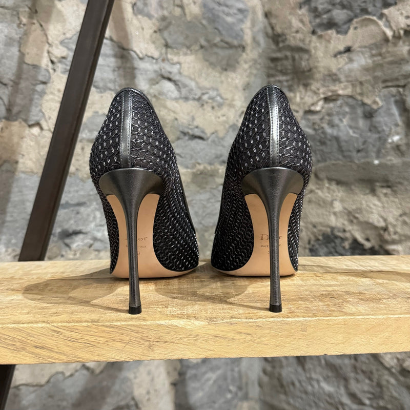Back view of Dior Silver Black Metallic Mesh Pointy Pumps