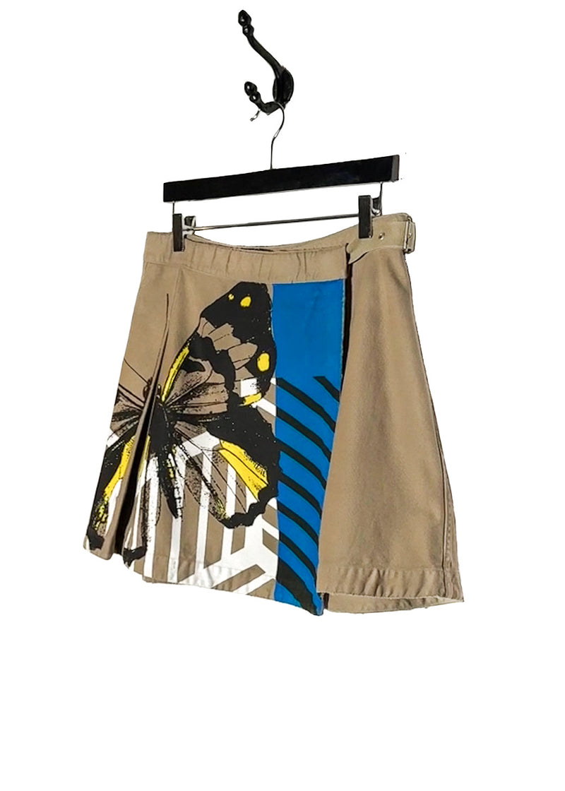 Side front view of Dior SS22 Beige Butterfly Print Pleated Cargo Wrap Skirt