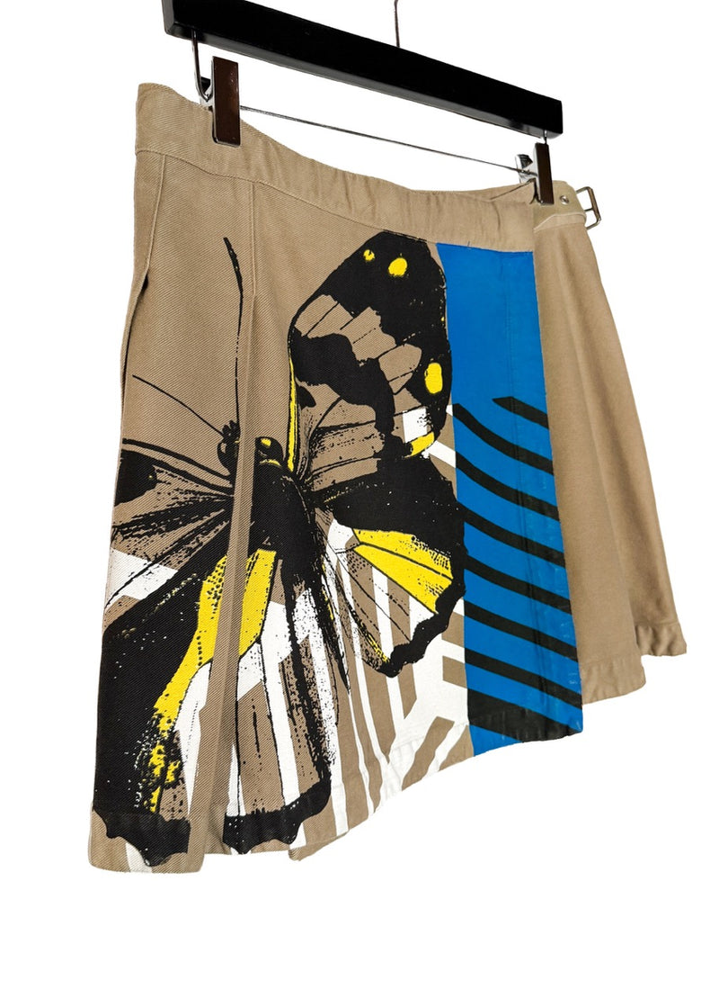 Side front of Dior SS22 Beige Butterfly Print Pleated Cargo Wrap Skirt