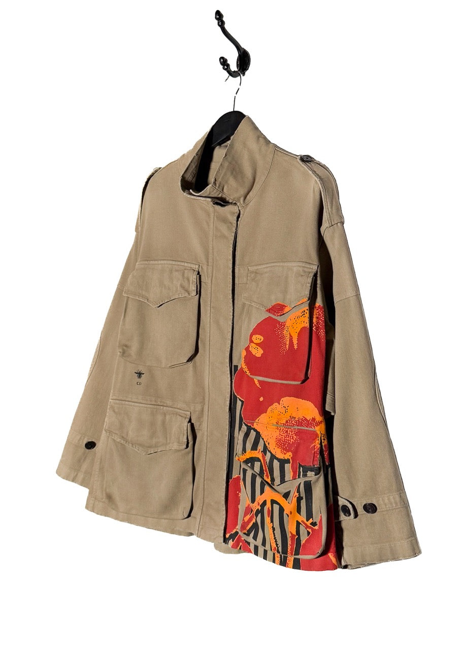 Side front view of Dior SS22 Runway Beige Printed Utility Jacket
