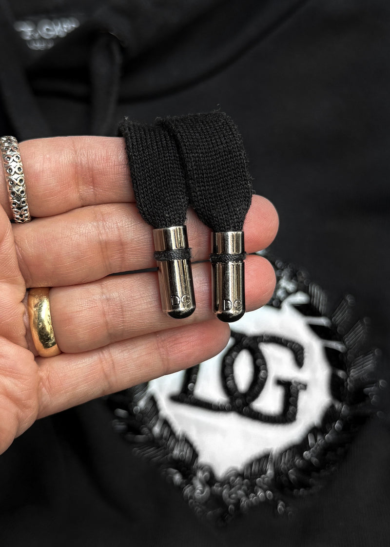 Drawstrings of Dolce & Gabbana Black DG Crown Logo Embroidered Hoodie