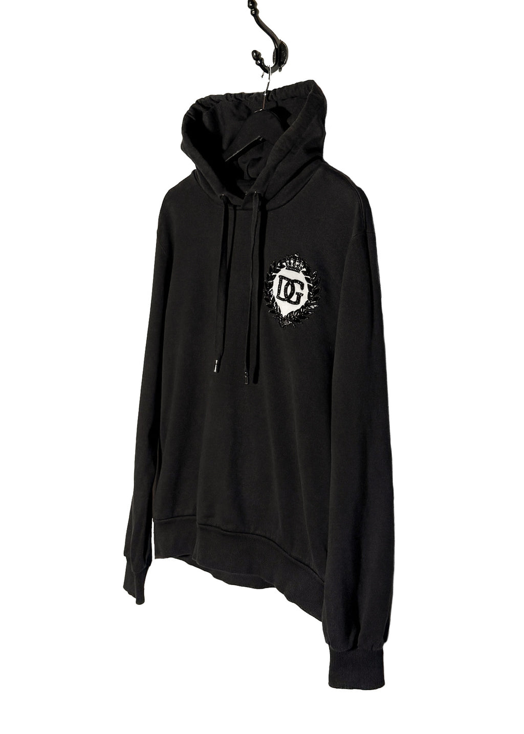 Side front view of Dolce & Gabbana Black DG Crown Logo Embroidered Hoodie