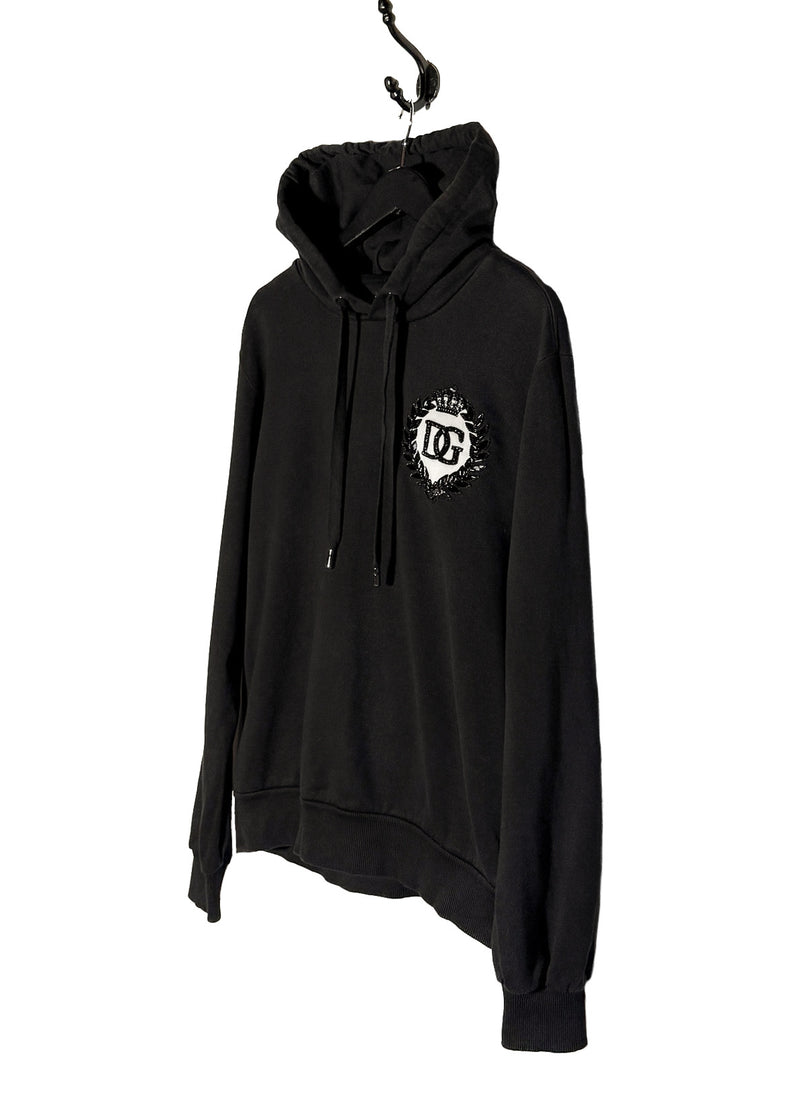 Side front view of Dolce & Gabbana Black DG Crown Logo Embroidered Hoodie