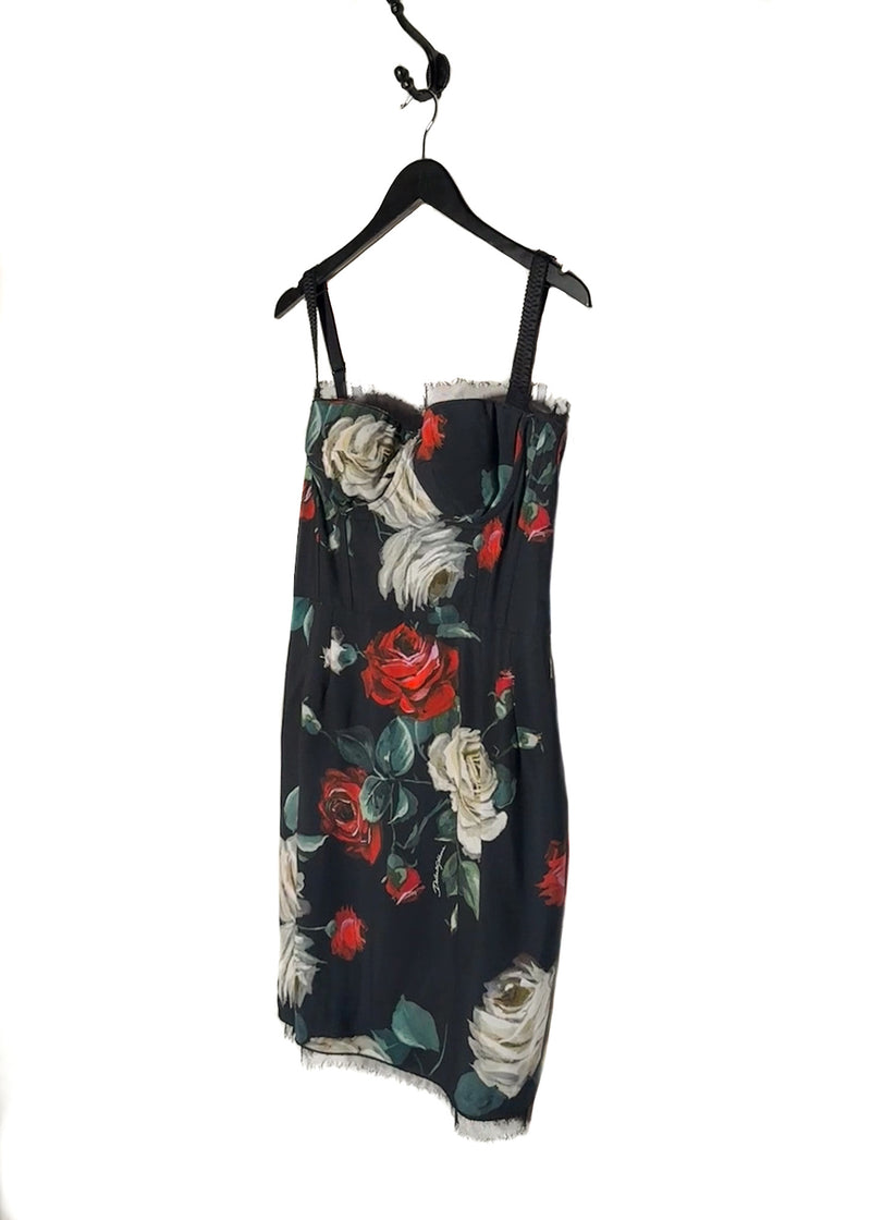 Side front view of Dolce & Gabbana Black Roses Floral Lace Bustier Dress