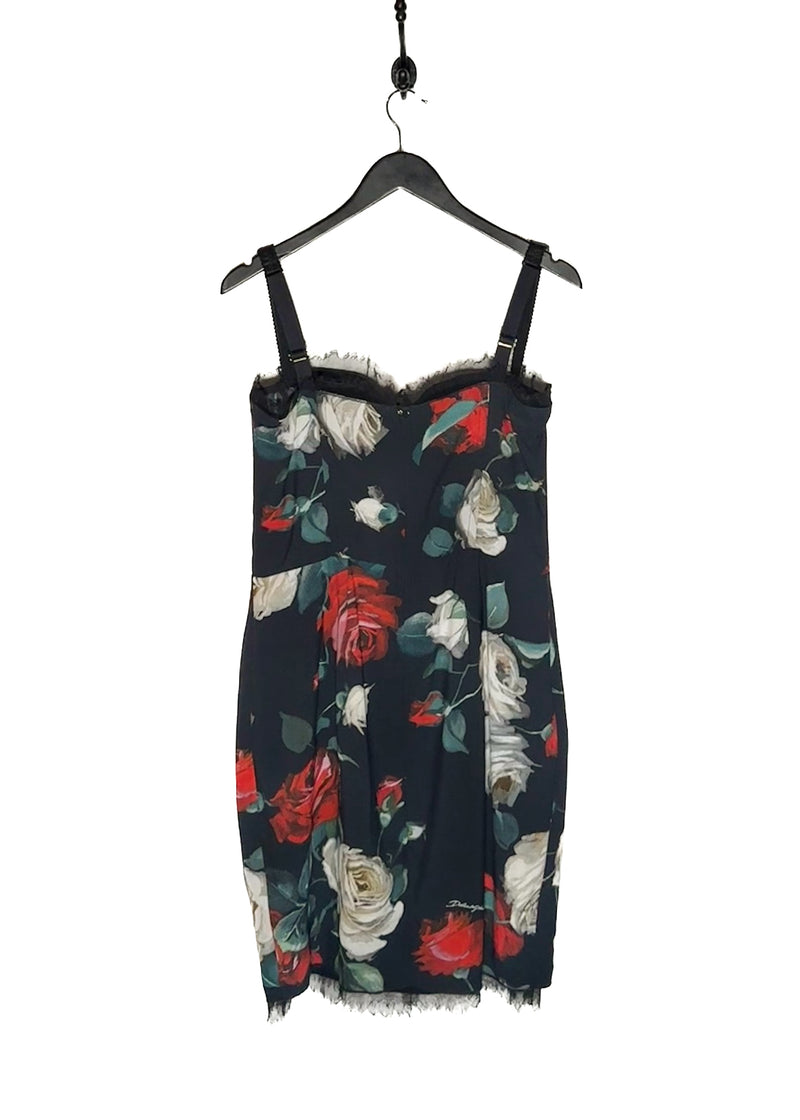 Back view of Dolce & Gabbana Black Roses Floral Lace Bustier Dress