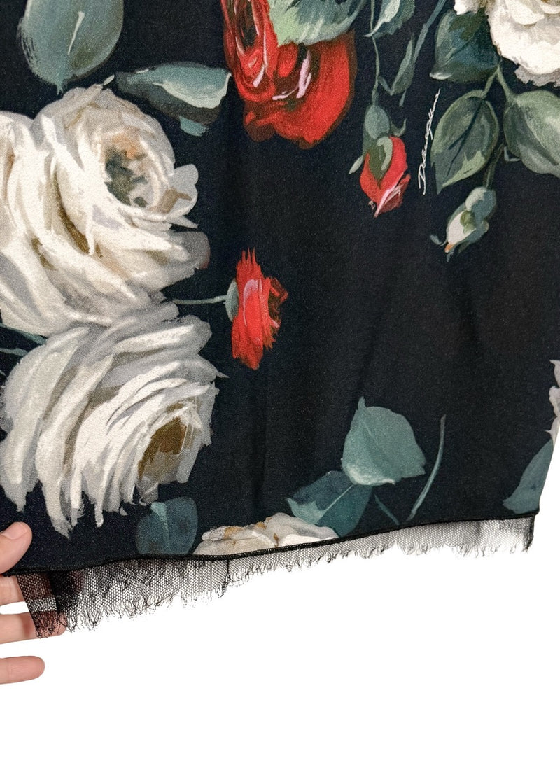 Close-up on Dolce & Gabbana Black Roses Floral Lace Bustier Dress