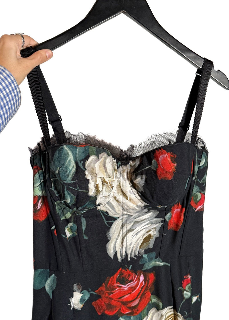 Front view of Dolce & Gabbana Black Roses Floral Lace Bustier Dress