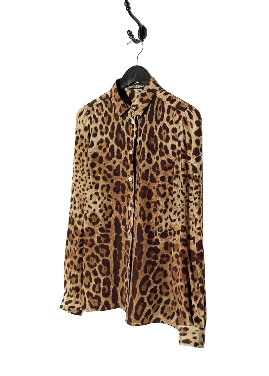 Side front view of Dolce & Gabbana Brown Leopard Print Buttoned Blouse