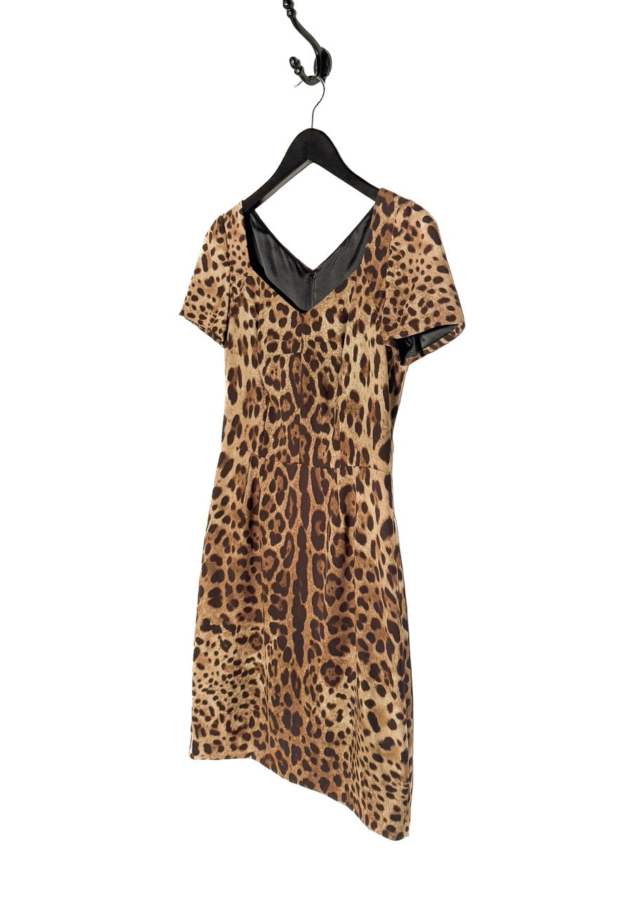 Side front view of Dolce & Gabbana Brown Leopard Print Short Sleeves Silk Dress