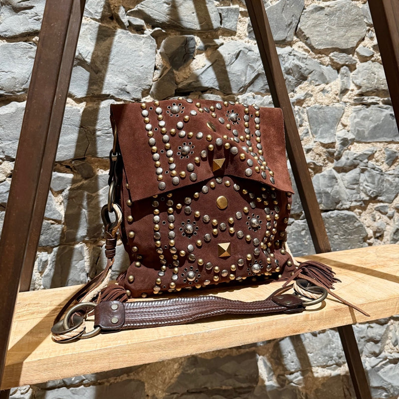 Front side of Dolce & Gabbana Brown Suede Studded Shoulder Bag