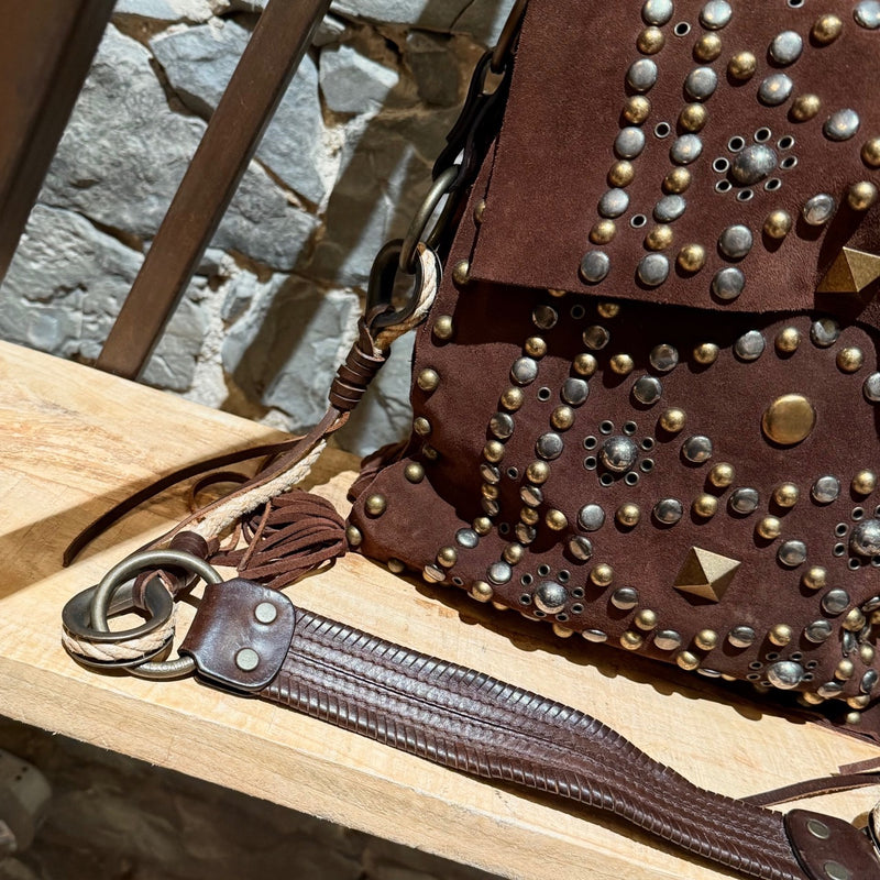 One bottom corner and strap of Dolce & Gabbana Brown Suede Studded Shoulder Bag