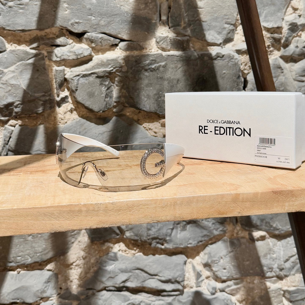 Dolce & Gabbana Re-Edition DG2298-B White Crystal Logo Shield Sunglasses