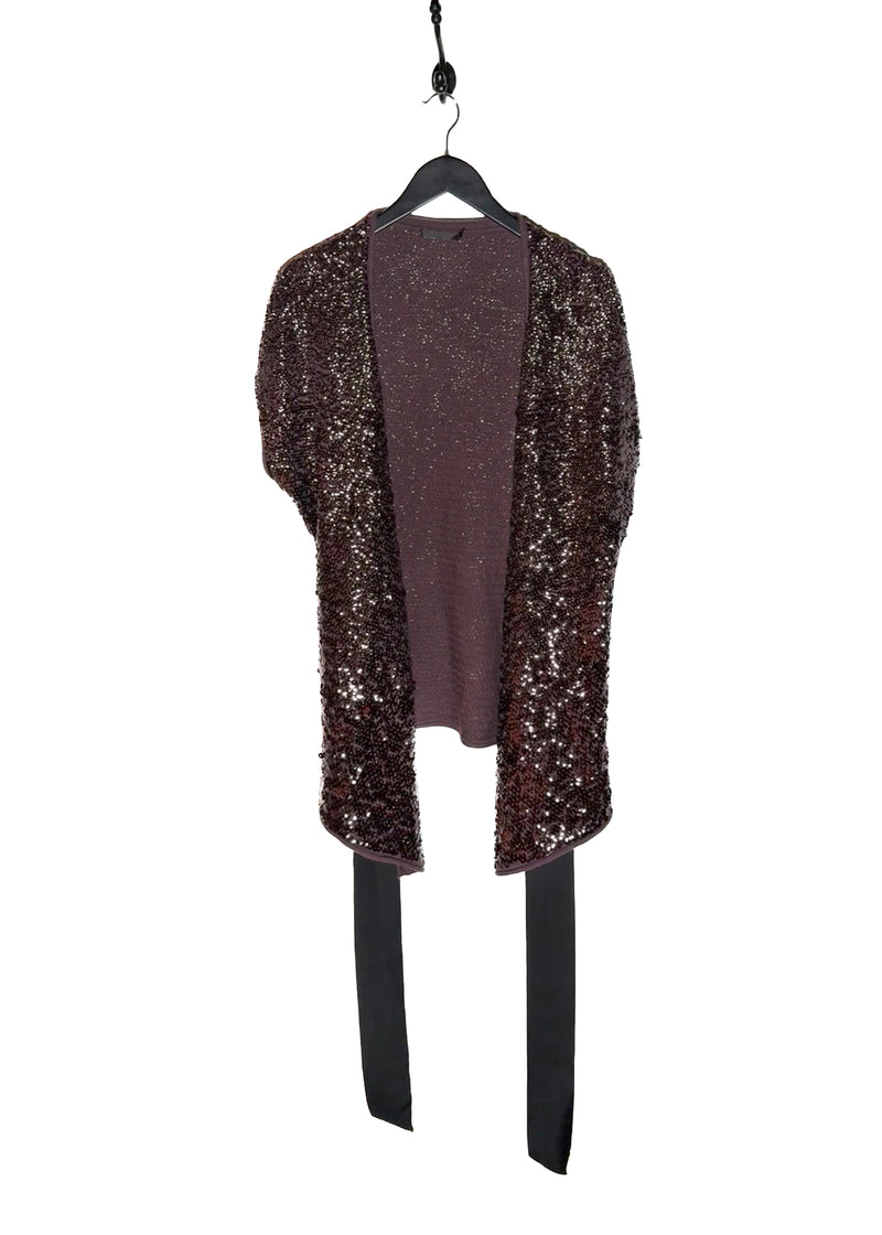 Opened Donna Karan Plum Sequinned Short Sleeves Belted Sweater