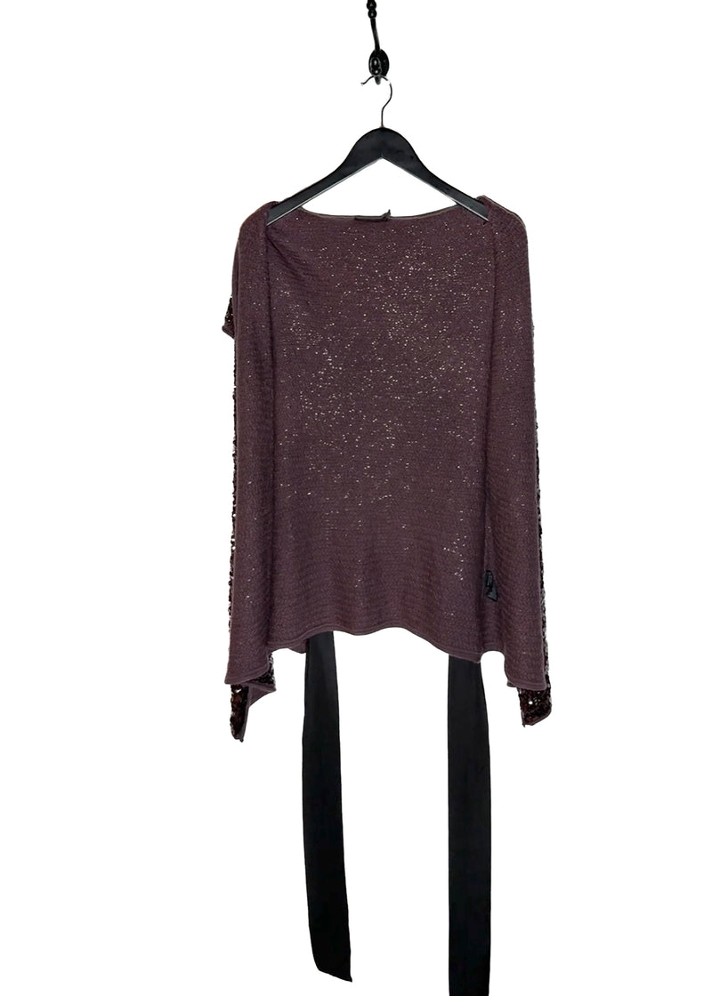 Opened Donna Karan Plum Sequinned Short Sleeves Belted Sweater