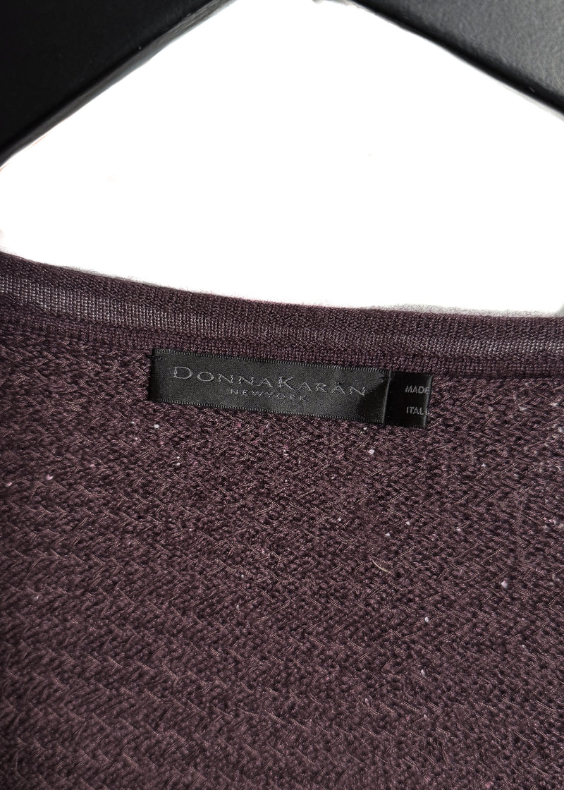 Brand label of Donna Karan Plum Sequinned Short Sleeves Belted Sweater