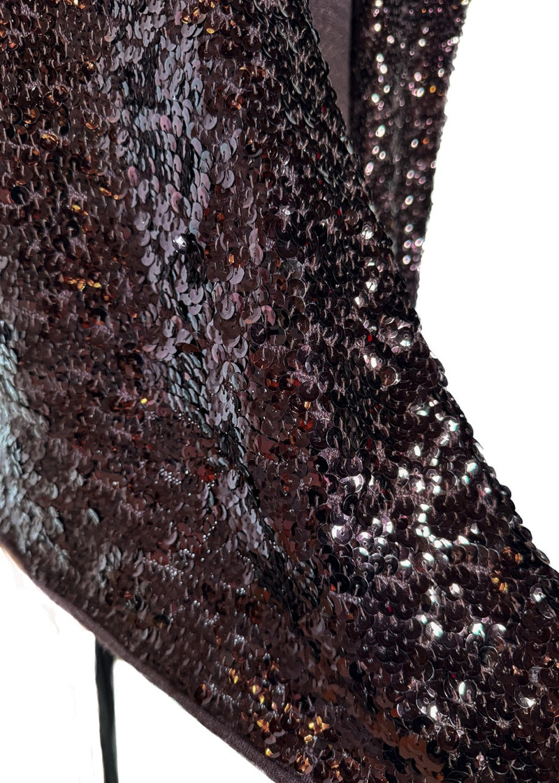 Sequins close up of Donna Karan Plum Sequinned Short Sleeves Belted Sweater