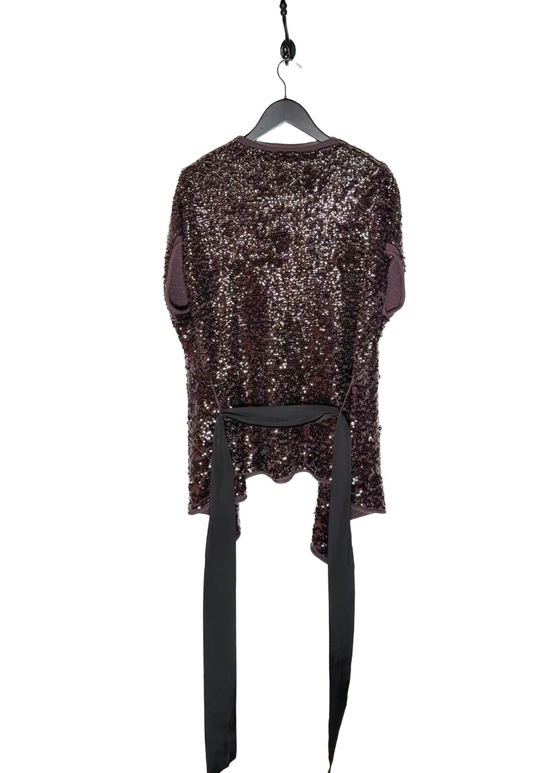 Back of Donna Karan Plum Sequinned Short Sleeves Belted Sweater