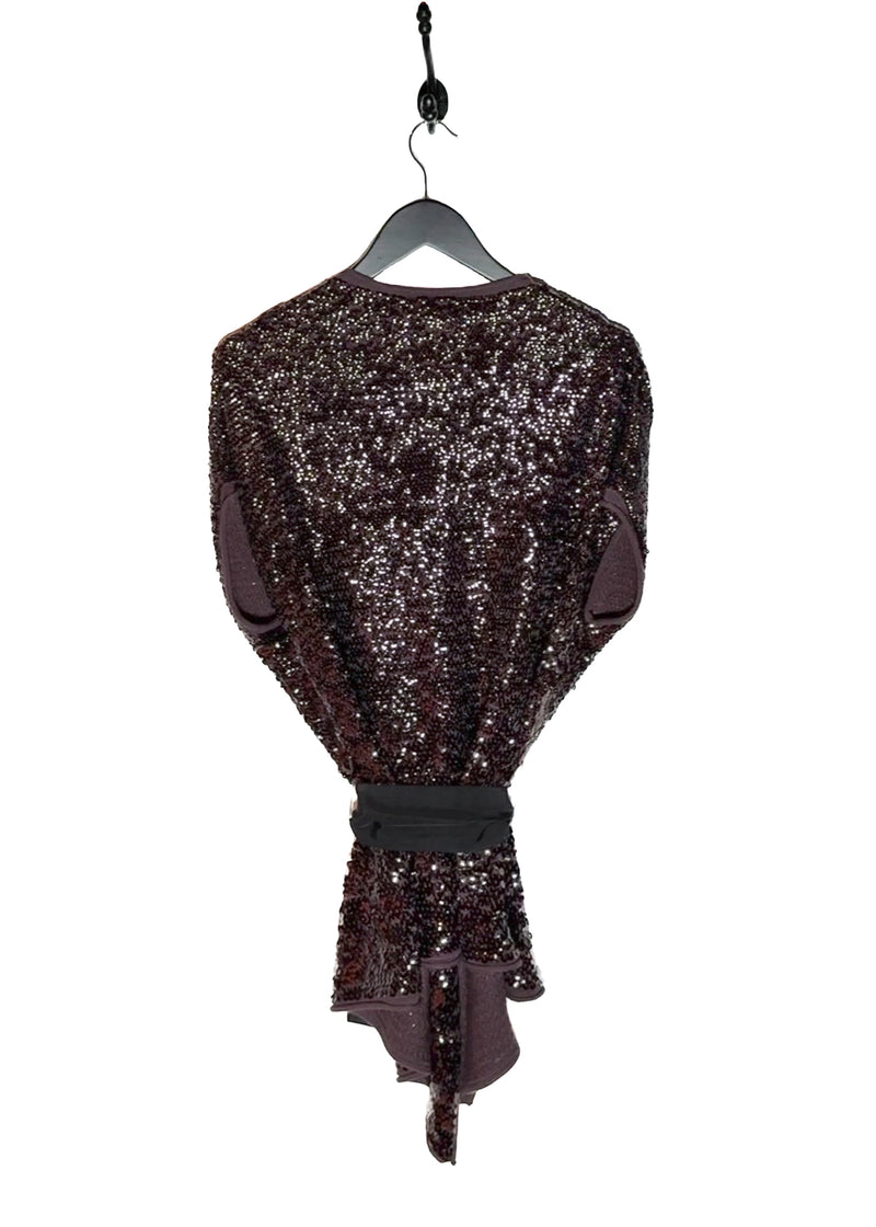 Back of Donna Karan Plum Sequinned Short Sleeves Belted Sweater