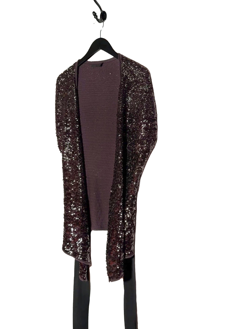 Opened front side of Donna Karan Plum Sequinned Short Sleeves Belted Sweater