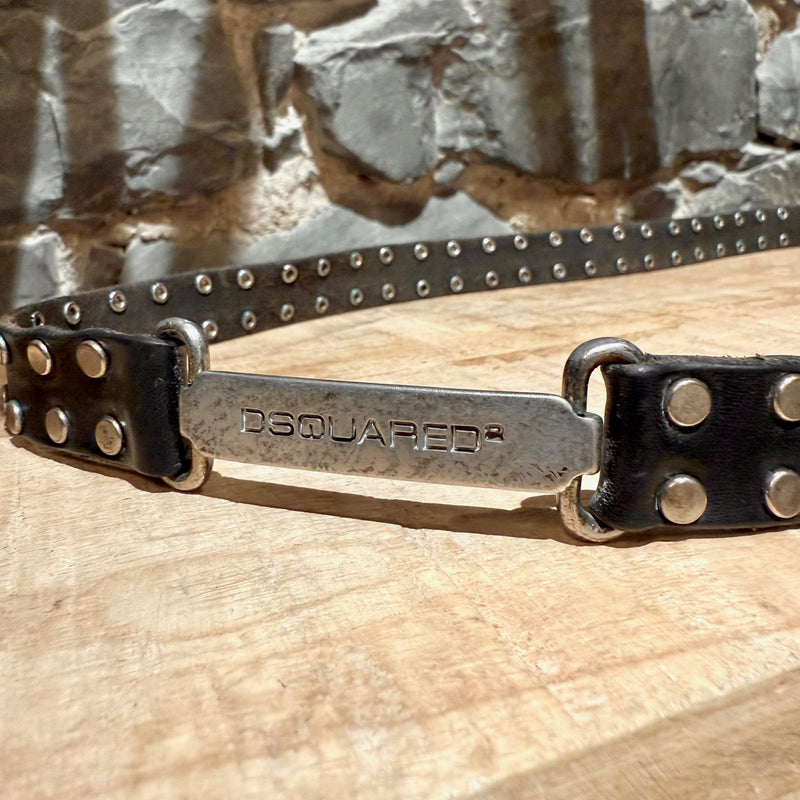 Branded detail of Dsquared2 Black Leather Studded Thin Belt