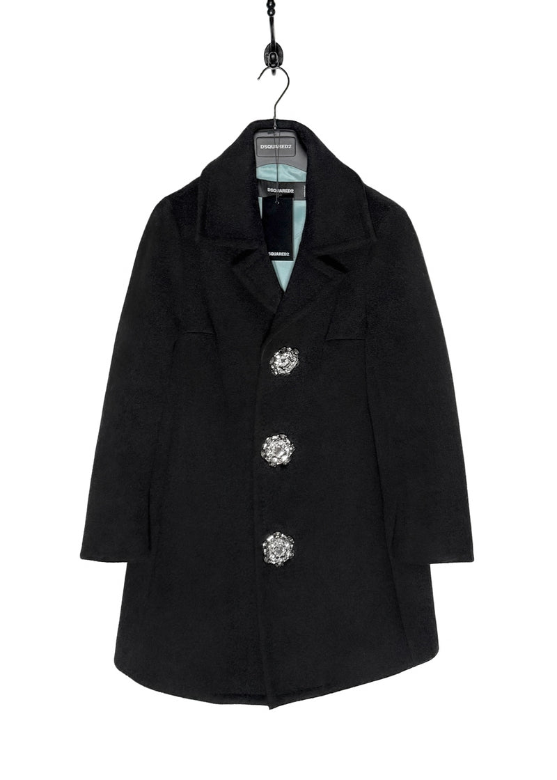 Dsquared2 Georgina Black Bonded Wool Crystal Buttons Coat