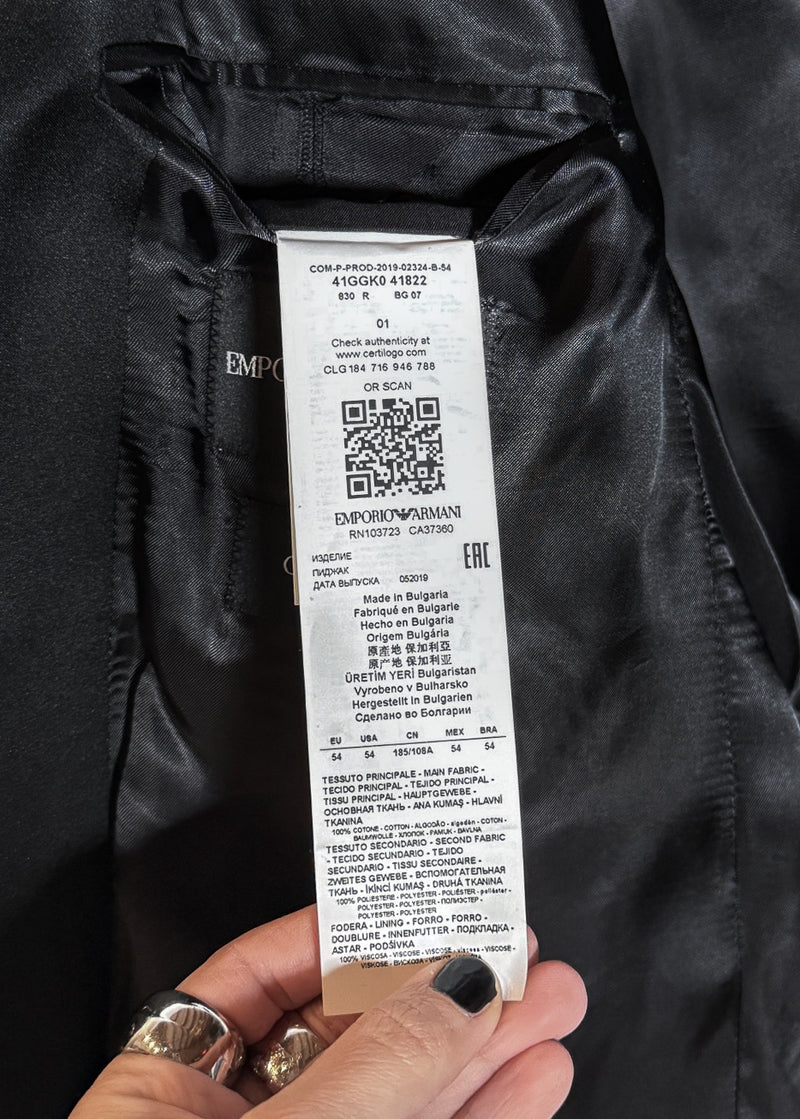 Material label of Emporio Armani Plum Velvet Tuxedo Blazer