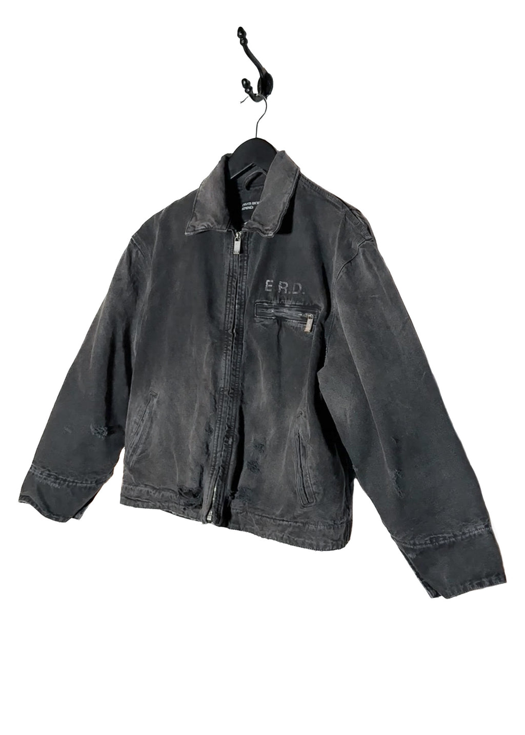 Front side of Enfants Riches Déprimés FW23 Washed Black Italian Romance Denim Jacket