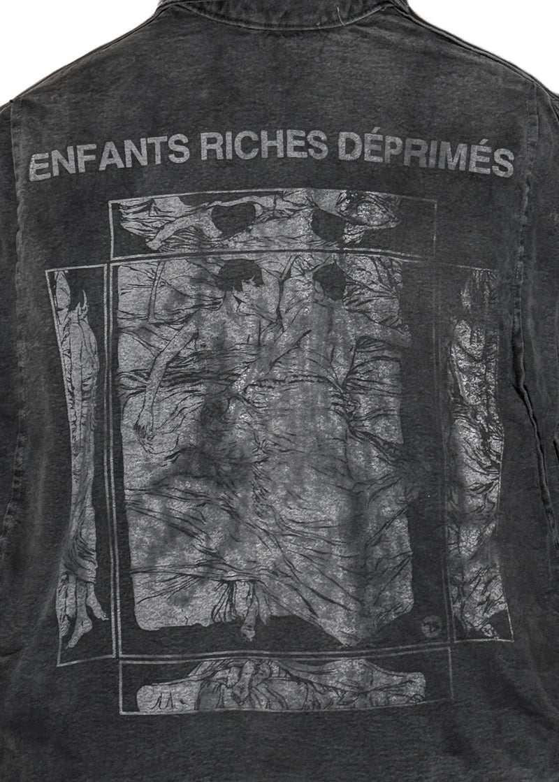 Close-up on the back of Enfants Riches Déprimés FW23 Washed Black Italian Romance Denim Jacket