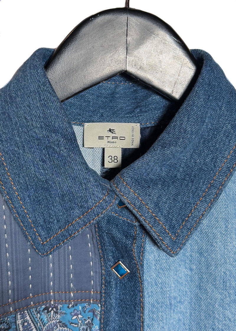 Pointed collar plus brand and size labels of Etro Blue Denim Patchwork Snap Buttoned Shirt