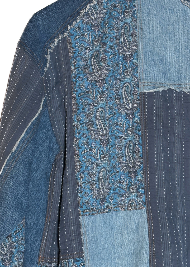 Patchwork close up of Etro Blue Denim Patchwork Snap Buttoned Shirt