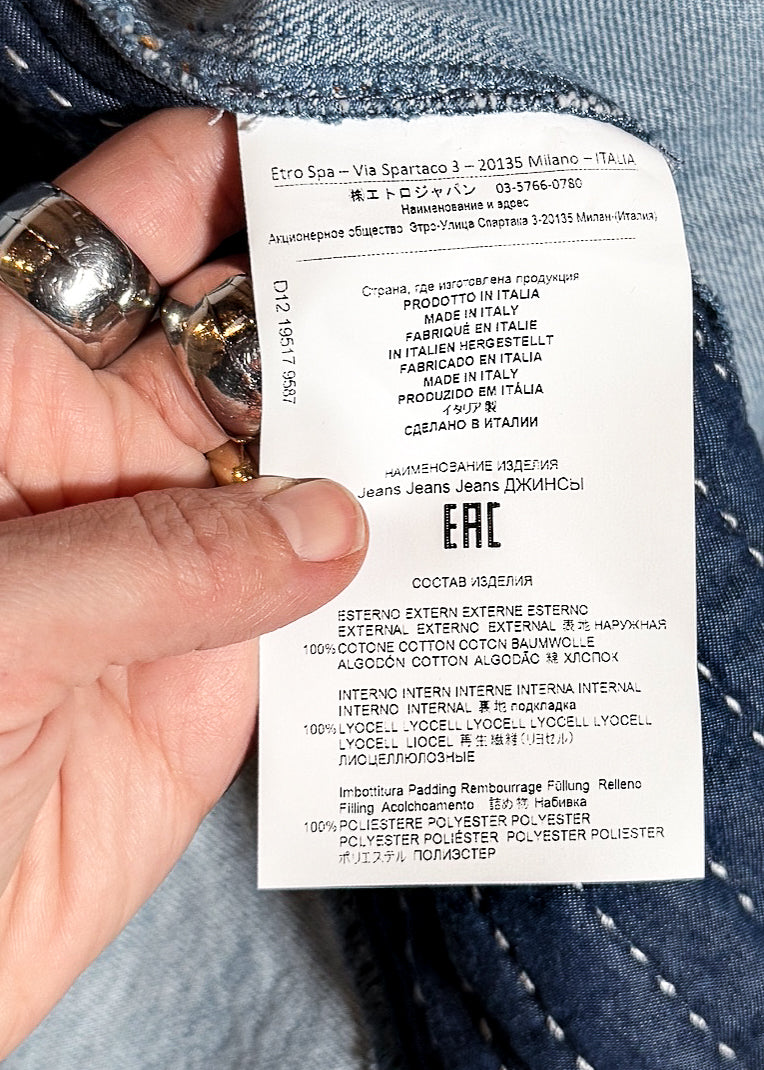 origin and material label of Etro Blue Denim Patchwork Snap Buttoned Shirt