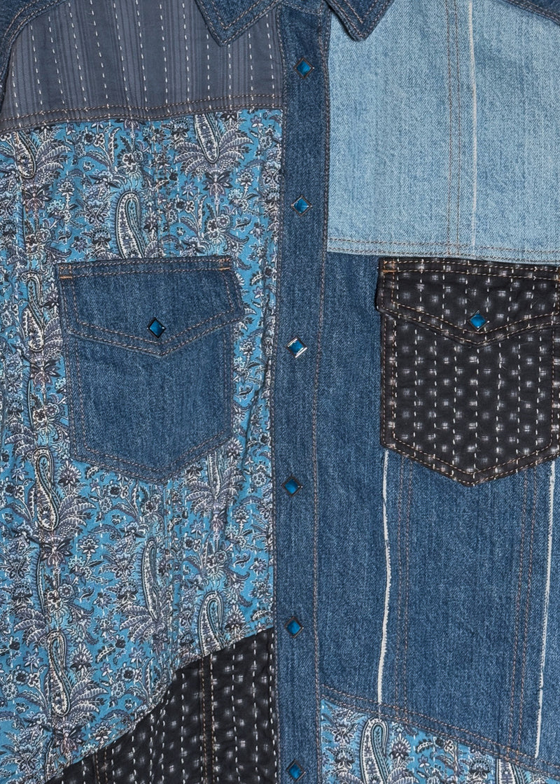 Front closure with diamond shaped buttons of Etro Blue Denim Patchwork Snap Buttoned Shirt