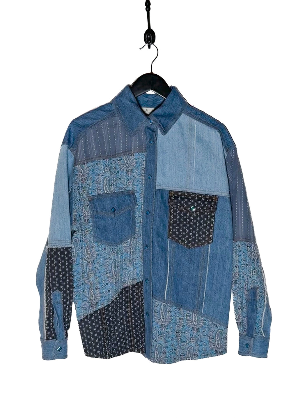 Main photo of Etro Blue Denim Patchwork Snap Buttoned Shirt