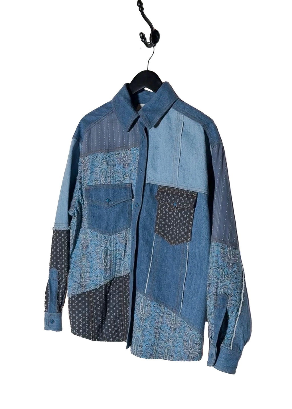 front side of Etro Blue Denim Patchwork Snap Buttoned Shirt