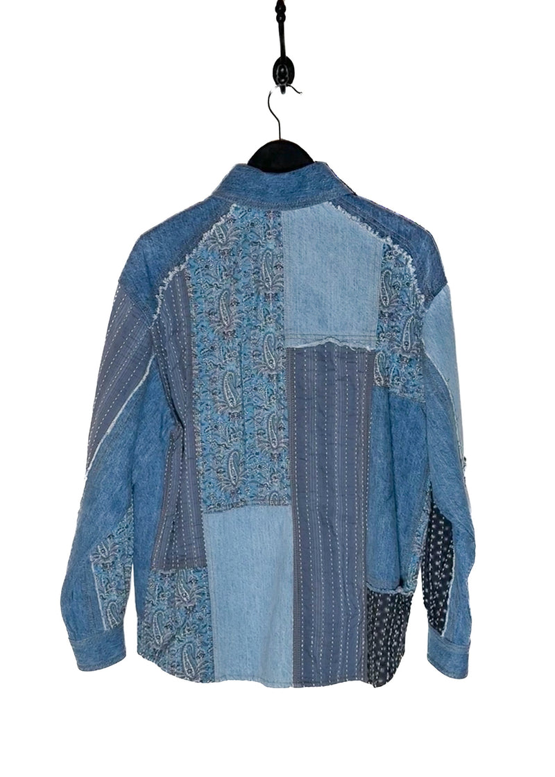 Back of Etro Blue Denim Patchwork Snap Buttoned Shirt