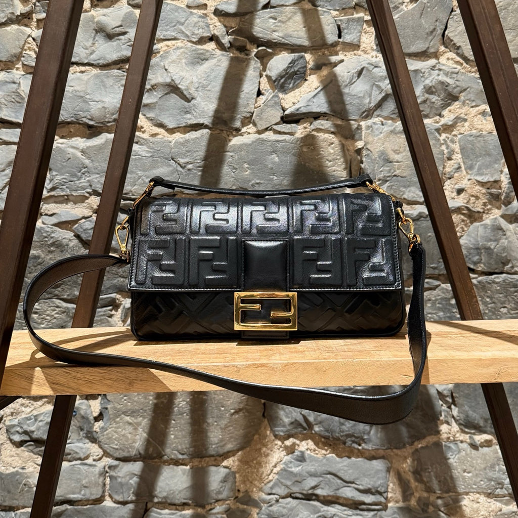 Fendi Black Leather FF Large Baguette Two Way Bag