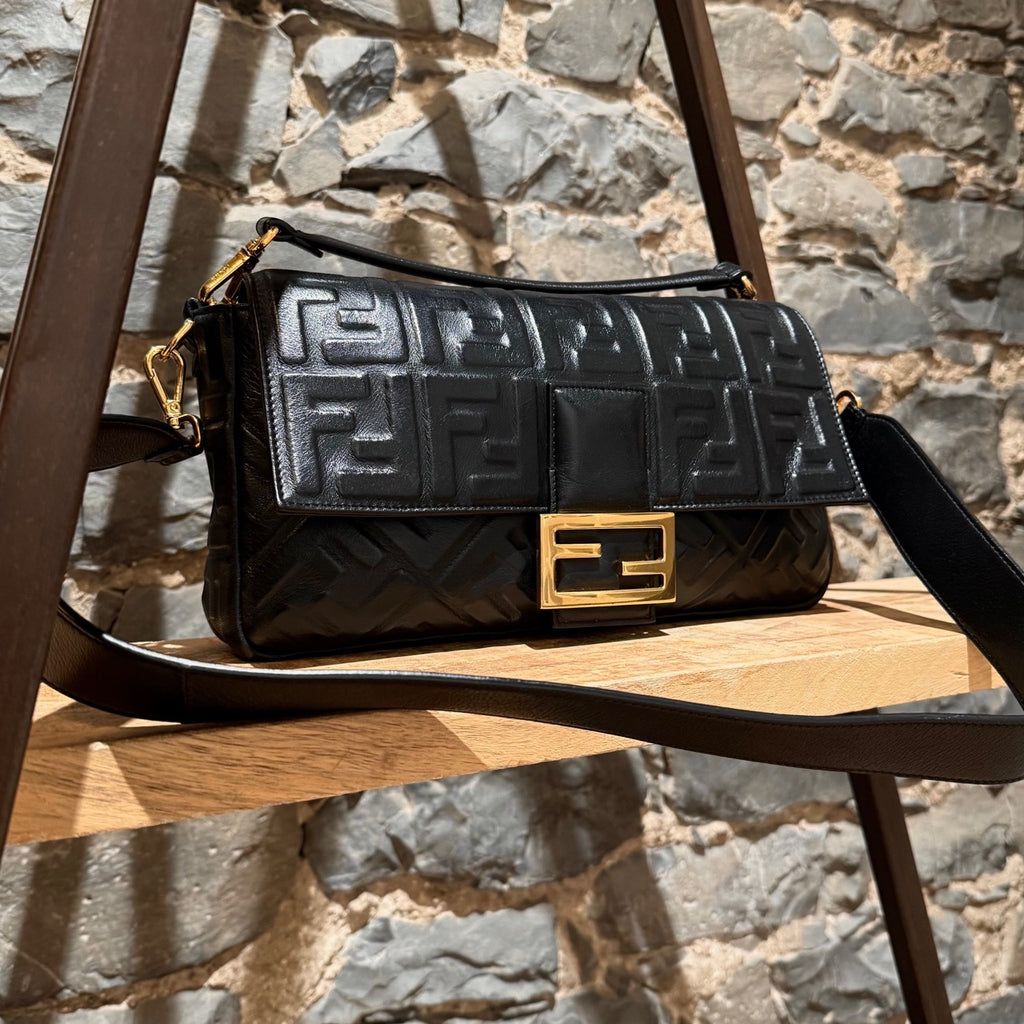 Fendi Black Leather FF Large Baguette Two Way Bag