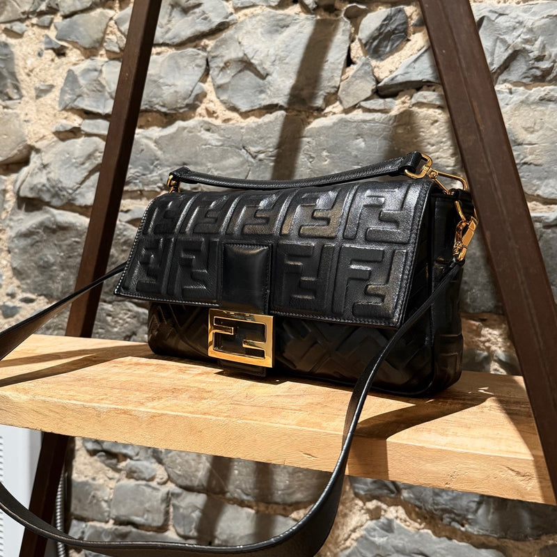 Fendi Black Leather FF Large Baguette Two Way Bag