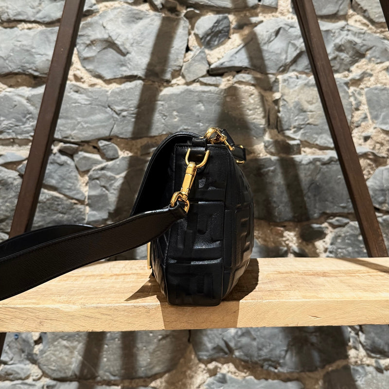 Fendi Black Leather FF Large Baguette Two Way Bag